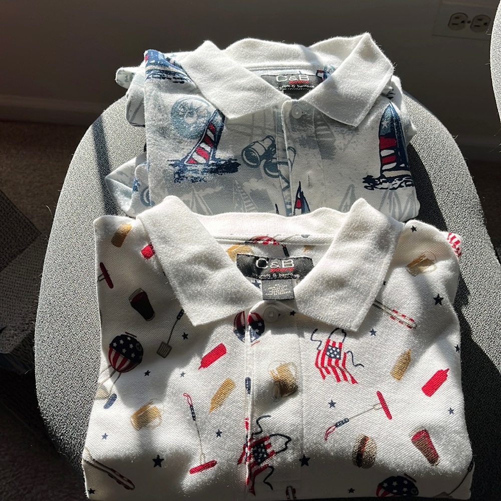 Men’s used polo shirts XL.  1 BBQ & 1 Nautical.  $6